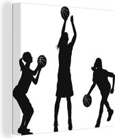 Canvas Schilderij Een zwart-witte illustratie van drie basketballende meisjes - 40x30 cm - Wanddecoratie