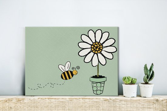 Une illustration d'une abeille volant vers une toile fleur blanche 40x30 cm - petit - Tirage photo sur toile (Décoration murale salon / chambre) / animaux sauvages Peintures sur toile