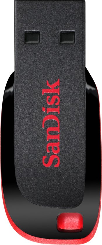 Clé USB SanDisk Cruzer Blade noire avec accents rouges et témoin lumineux rouge.