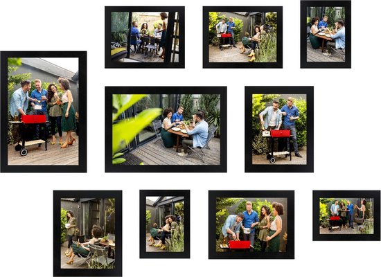 HAES DECO - Collage set met 10 houten fotolijsten Paris zwart voor foto's formaat 10x15, 13x18, 15x20 en 20x30 - SP001901-10