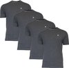 Vier donkergrijze gemêleerde T-shirts met korte mouwen en een klein logo op de borst.