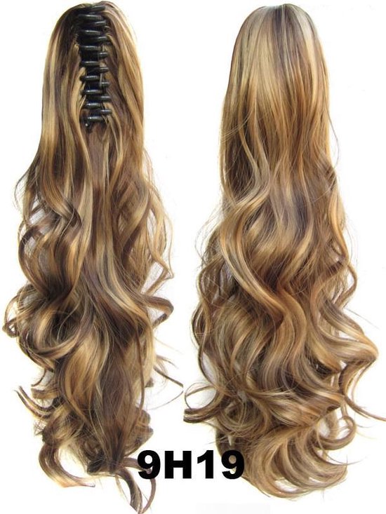 Krullende paardenstaart extensie met klip, in highlights van blond en bruin.