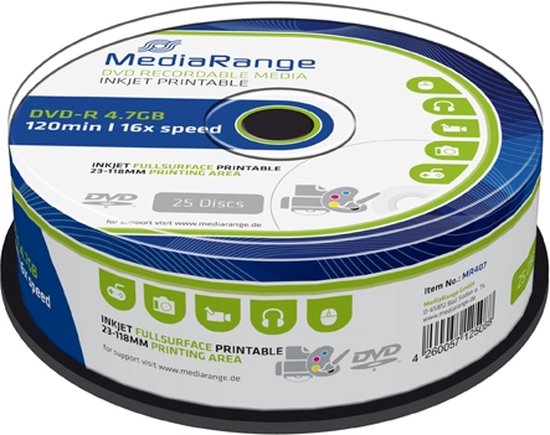 DVD-R MediaRange 4.7GB|inkjet printable | 25 stuks