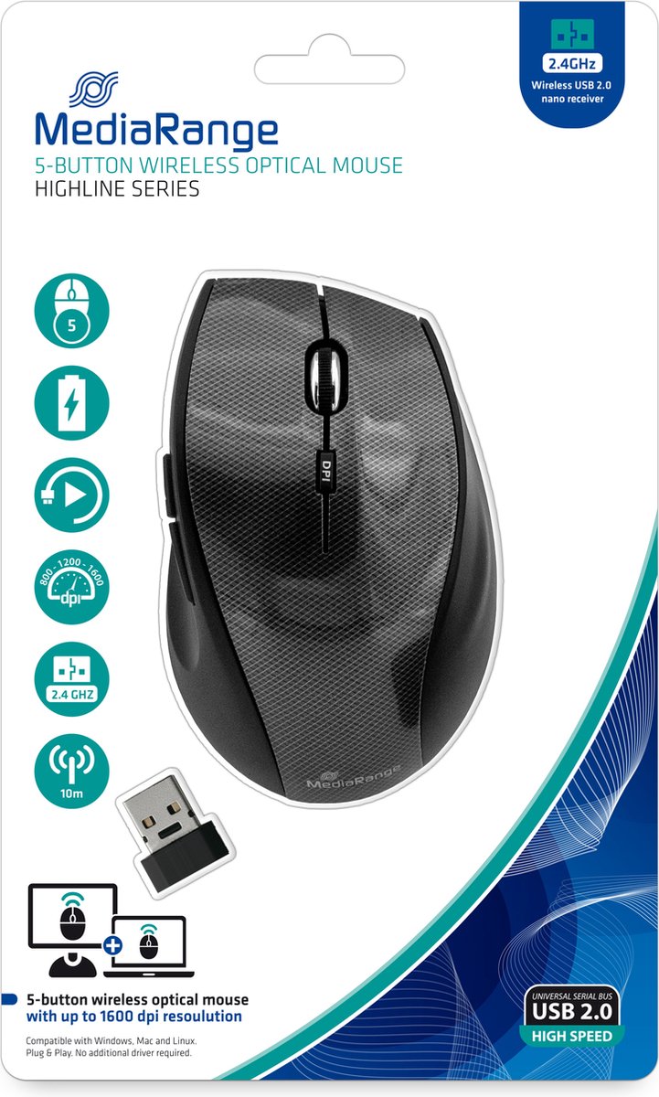 MediaRange draadloze optische 5-button muis carbon-look