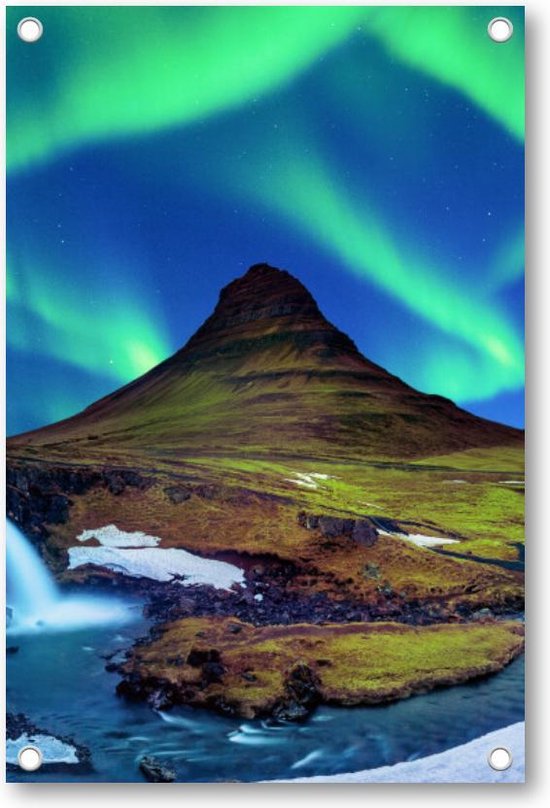 Noorderlicht - bij Kirkjufell in IJsland - Tuinposter 60x90 - Wanddecoratie - Landschap - Sterren - Natuur