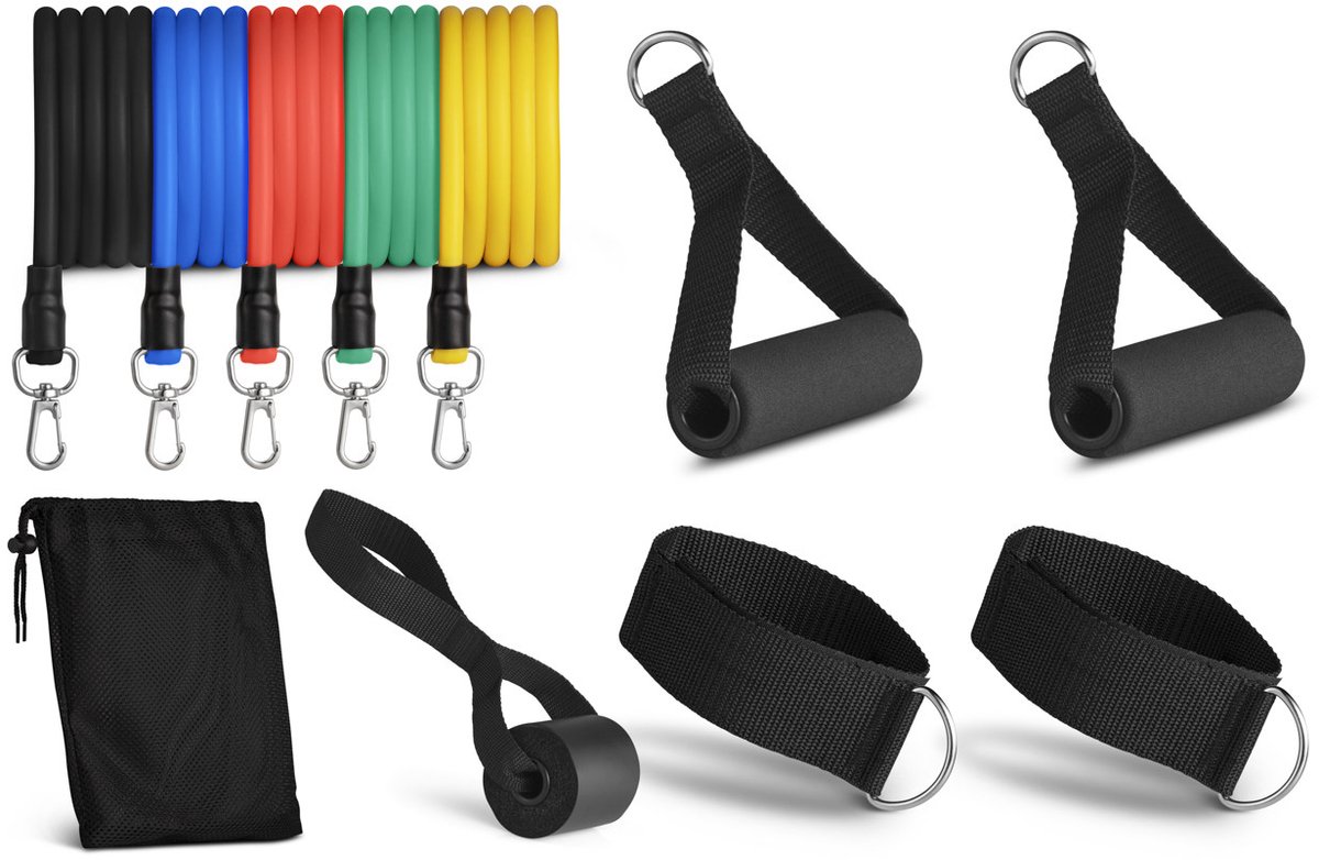 Rebblo - Home Workout Set – 10-delig – Weerstandsbanden – Enkelbanden – Handvaten – Deuranker – Fitness Set Incl. Opbergtas - 2/3/4/5/6 kg