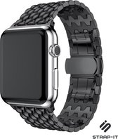 Strap-it Draken stalen band - Geschikt voor Apple Watch bandje - Series 1/2/3/4/5/6/7/8/9/SE/Ultra (2) - Zwart - Metalen schakel band met draken patroon - RVS iWatch bandje voor maat: 42 mm 44 mm 45 mm 49 mm