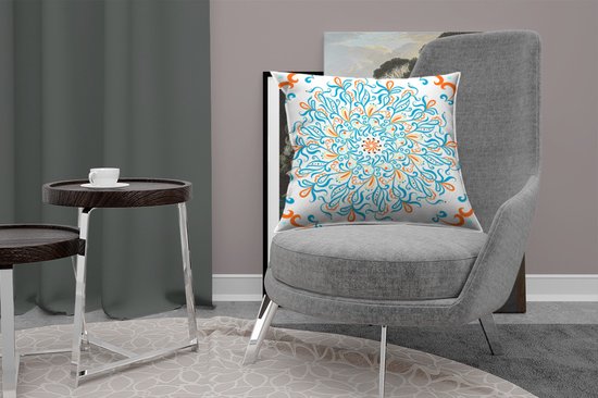Coussins Coussins décoratifs - Coussin - Motif carré avec un mandala bleu et décoré sur fond clair - 60x60 cm - Coussin en coton