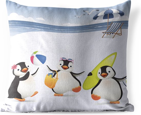Buitenkussens - Tuin - Illustratie van drie pinguïns die op het strand spelen - 60x60 cm