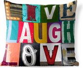 Buitenkussens - Tuin - Vrolijke quote Live, Laugh, Love met verschillende letters - 60x60 cm