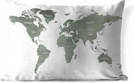 Buitenkussens - Tuin - Wereldkaart met grijze waterverf en de namen van landen op een witte achtergrond - 50x30 cm