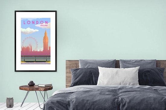 Image encadrée - Illustration de la ville de Londres en Angleterre cadre photo noir avec passe partout blanc 80x120 80x120 cm - Affiche encadrée (Décoration murale salon / chambre)