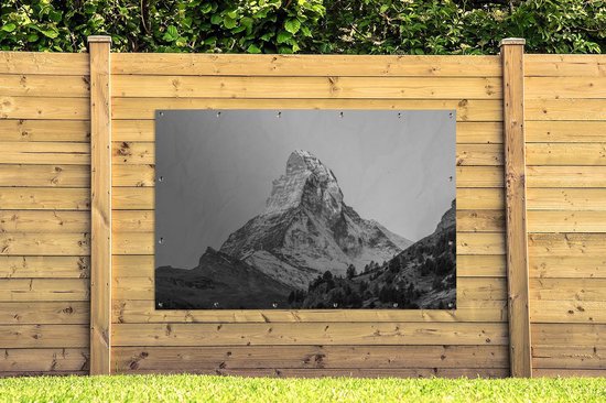 Muurdecoratie De Matterhorn in Zwitserland bij zonsopkomst - zwart wit - 180x120 cm - Tuinposter - Tuindoek - Buitenposter