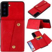 Voor Samsung Galaxy S21 FE dubbele gesp PU + TPU schokbestendige magnetische beschermhoes met kaartsleuf en houder (rood)