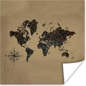 Muurdecoratie - Wereldkaart - Goud - Kompas - 50x50 cm - Poster