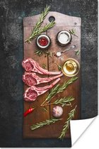 Lamsvlees op een donkere houten snijplank poster 120x180 cm - Foto print op Poster (wanddecoratie woonkamer / slaapkamer) XXL / Groot formaat!