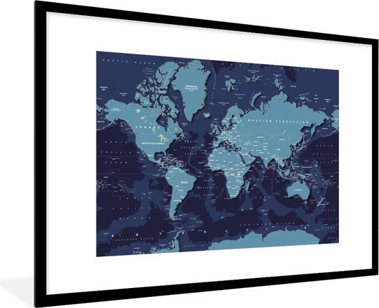Affiche avec cadre Wereldkaart - Abstrait - Blauw - 90x60 cm