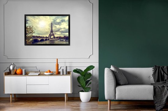 Poster in lijst - Fotolijst 90x60 cm - Posters - Uitzicht over het water op de Eiffeltoren en Parijs - Posterlijst zwart - Decoratie - Wanddecoratie woonkamer - Muurdecoratie slaapkamer