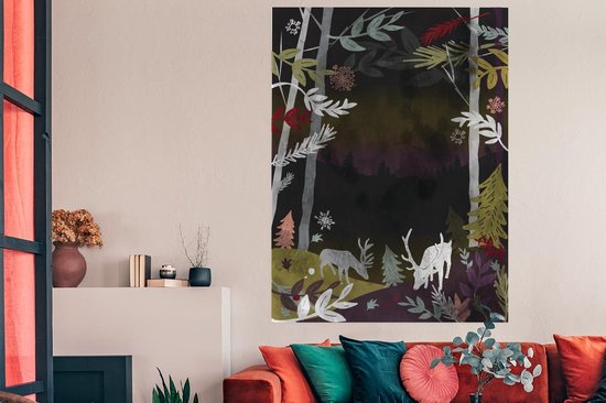 Poster Une illustration d'une forêt dans la nuit 120x160 cm - Tirage photo sur Poster (décoration murale salon / chambre) / Poster Arbres XXL / Groot format!