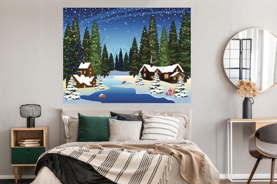 Une illustration d'une forêt enneigée dans la nuit poster 160x120 cm - Tirage photo sur Poster (décoration murale salon / chambre) / Poster Arbres XXL / Groot format!