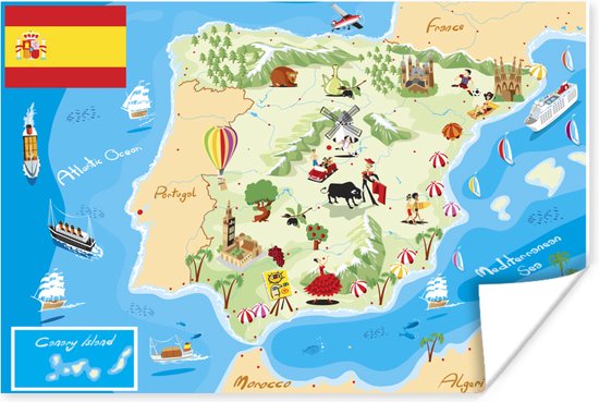 Poster Kaart van Spanje met illustraties - 30x20 cm