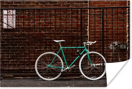 Poster Vélo vert à la clôture 180x120 cm - Tirage photo sur Poster (décoration murale salon / chambre) XXL / Groot format!