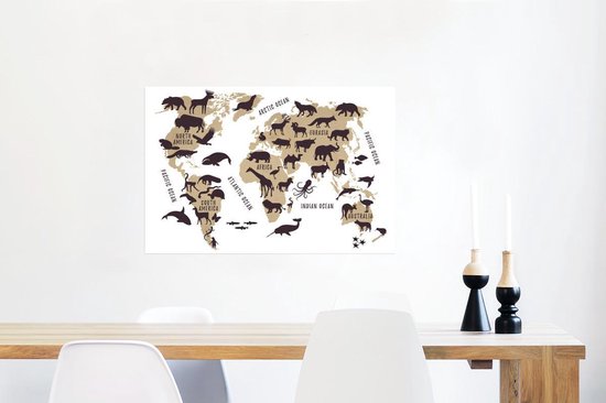 Décoration murale - Wereldkaart - Marron - Animaux - 90x60 cm - Affiche