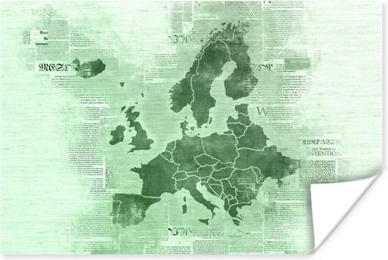 Poster Kaart Europa - Krant - Groen - 90x60 cm