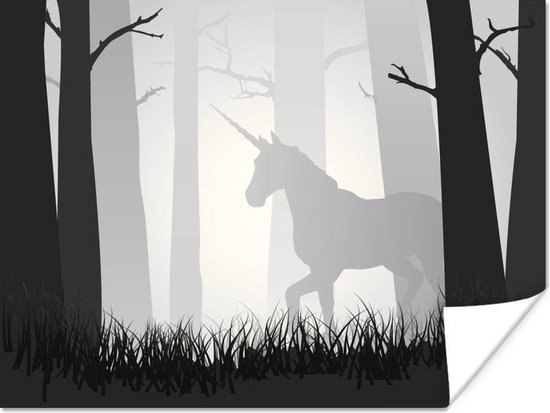 Poster Een illustratie van een eenhoorn in een mistig bos - Meisjes - Kind - Kids - 120x90 cm