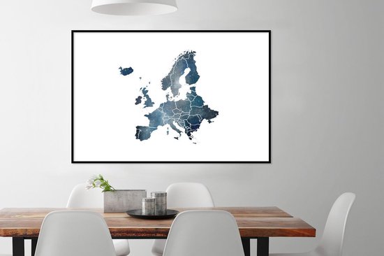 Fotolijst incl. Poster - Kaart Europa - Blauw - Aquarelverf - 120x80 cm - Posterlijst
