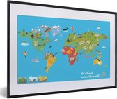 Moderne wereldkaart op een blauwe achtergrond fotolijst zwart met witte passe-partout 60x40 cm