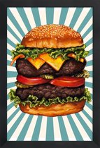 JUNIQE - Poster in houten lijst Double Cheeseburger -30x45 /Blauw &