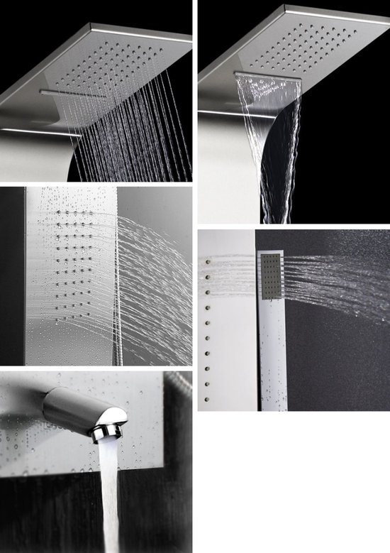 Douchepaneel met waterval- en regenfunctie, met handdouche en kraan. RVS mat.
