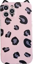 Cat Ear Leopard Print TPU Straight Edge-beschermhoes met lanyard voor iPhone 11 Pro Max (roze)