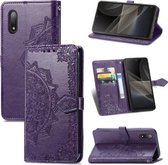 Voor Sony Xperia Ace II Mandala Bloem Reliëf Horizontale Flip Lederen Case met Beugel / Kaartsleuf / Portemonnee / Lanyard (paars)