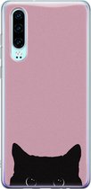 Huawei P30 hoesje - Zwarte kat - Siliconen - Soft Case Telefoonhoesje - Print - Roze