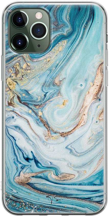 Hoesje geschikt voor iPhone 11 Pro Max - Marmer blauw goud - Soft Case - TPU - Marmer - Blauw - Mooie Telefoonhoesjes