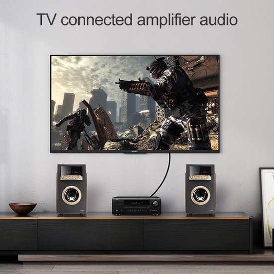 Zwarte receiver met twee luidsprekers ervoor, verbonden met een tv waarop een game te zien is.