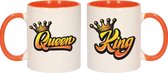 King and queen met kroon mok wit en oranje - bruiloft/ Koningsdag/ jubileum - cadeau set bekers / mokken