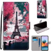 Voor Xiaomi Redmi Note 10 Pro Max / Note 10 Pro Gekleurde tekening Cross Texture Horizontale Flip PU lederen hoes met houder & kaartsleuven & portemonnee & lanyard (Pink Flower Tower Bridge)