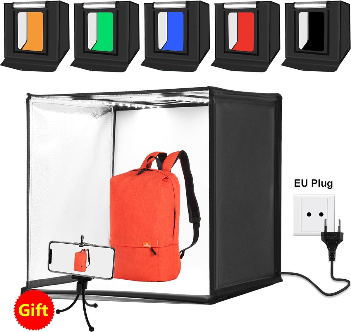 PULUZ Photo Studio Light Box Portable 60 x 60 x 60 cm Light Tent LED 5500K Mini 60W Photography Studio Tent Kit met 3 verwijderbare achtergrond (Black Orange White) - Merkloos
