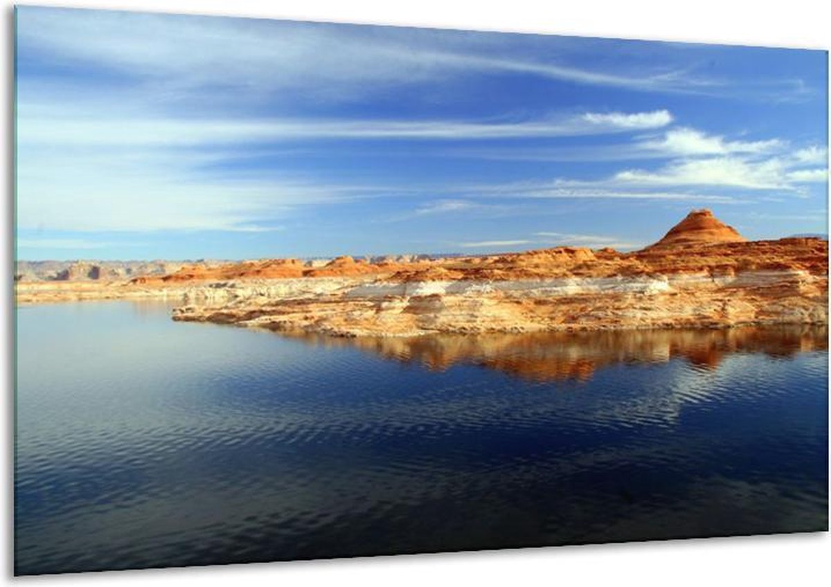 Glasschilderij Strand - Geel, Blauw, Wit - 120x70cm 1Luik - Foto Op Glas - Geen Acrylglas Schilderij - GroepArt 6000+ Glasschilderijen Art Collectie - Wanddecoratie - Woonkamer - Slaapkamer