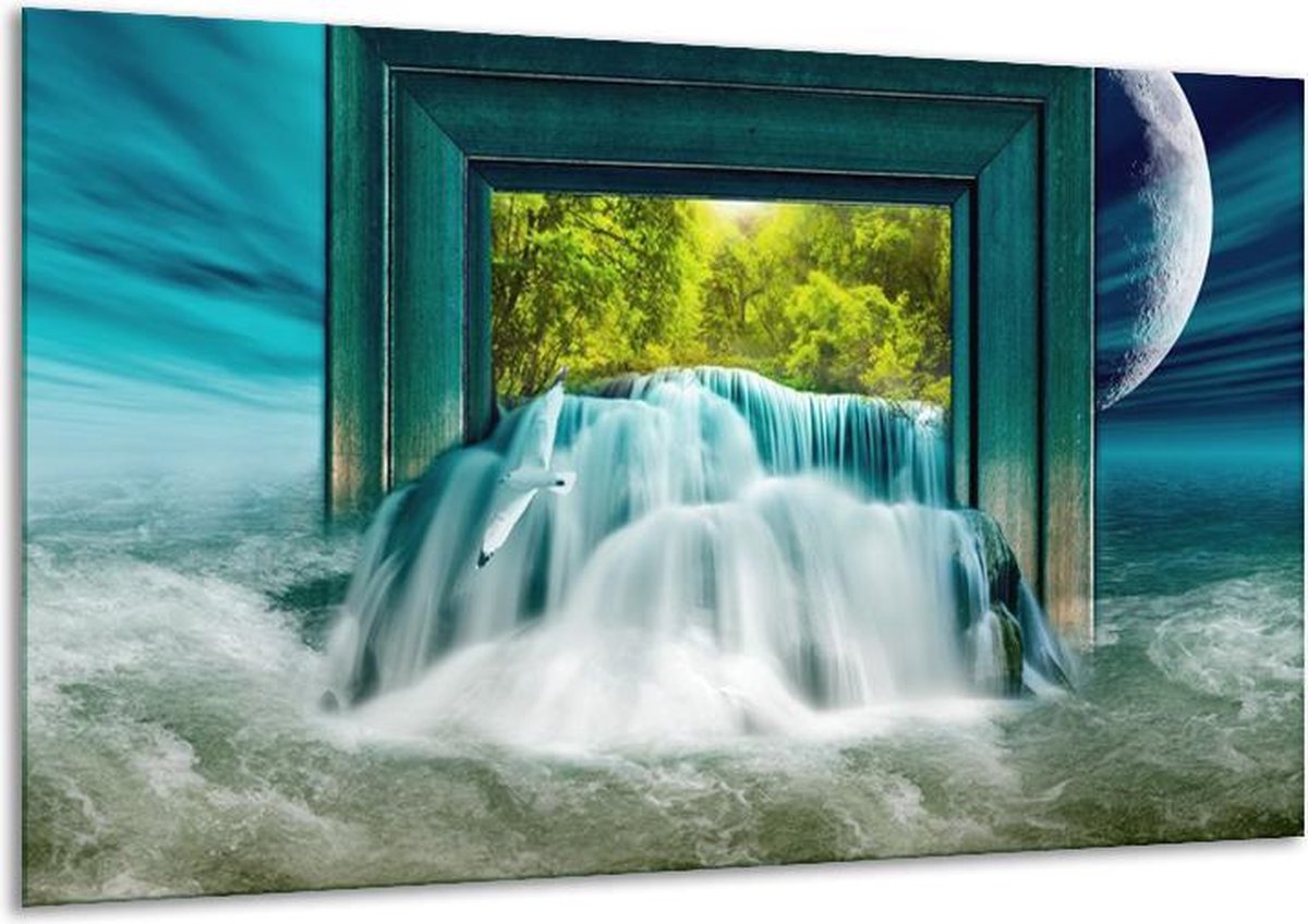Glasschilderij Waterval - Blauw, Groen, Wit - 120x70cm 1Luik - Foto Op Glas - Geen Acrylglas Schilderij - GroepArt 6000+ Glasschilderijen Art Collectie - Wanddecoratie - Woonkamer - Slaapkamer