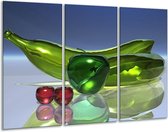 Glasschilderij Abstract - Groen, Rood, Blauw - 120x80cm 3Luik - Foto Op Glas - Geen Acrylglas Schilderij - GroepArt 6000+ Glas Art Collectie - Maatwerk Mogelijk