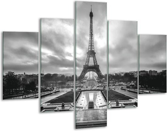Glasschilderij -  Parijs, Eiffeltoren - Zwart, Wit, Grijs - 100x70cm 5Luik - Geen Acrylglas Schilderij - GroepArt 6000+ Glasschilderijen Collectie - Wanddecoratie- Foto Op Glas