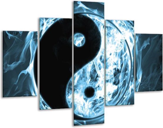 Glasschilderij -  Jin Jang - Zwart, Grijs, Blauw - 100x70cm 5Luik - Geen Acrylglas Schilderij - GroepArt 6000+ Glasschilderijen Collectie - Wanddecoratie- Foto Op Glas