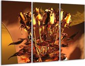 Glasschilderij Roos - Goud, Geel, Rood - 120x80cm 3Luik - Foto Op Glas - Geen Acrylglas Schilderij - GroepArt 6000+ Glas Art Collectie - Maatwerk Mogelijk