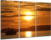 Glasschilderij Zonsondergang - Geel, Bruin, Zwart - 120x80cm 3Luik - Foto Op Glas - Geen Acrylglas Schilderij - GroepArt 6000+ Glas Art Collectie - Maatwerk Mogelijk