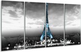 GroepArt - Glasschilderij - Parijs, Eiffeltoren - Zwart, Wit, Blauw - 160x80cm 4Luik - Foto Op Glas - Geen Acrylglas Schilderij - 6000+ Glasschilderijen Collectie - Wanddecoratie