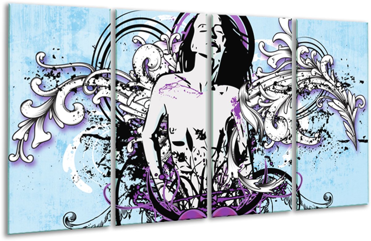 GroepArt - Glasschilderij - Vrouw, Popart - Blauw, Paars, Wit - 160x80cm 4Luik - Foto Op G